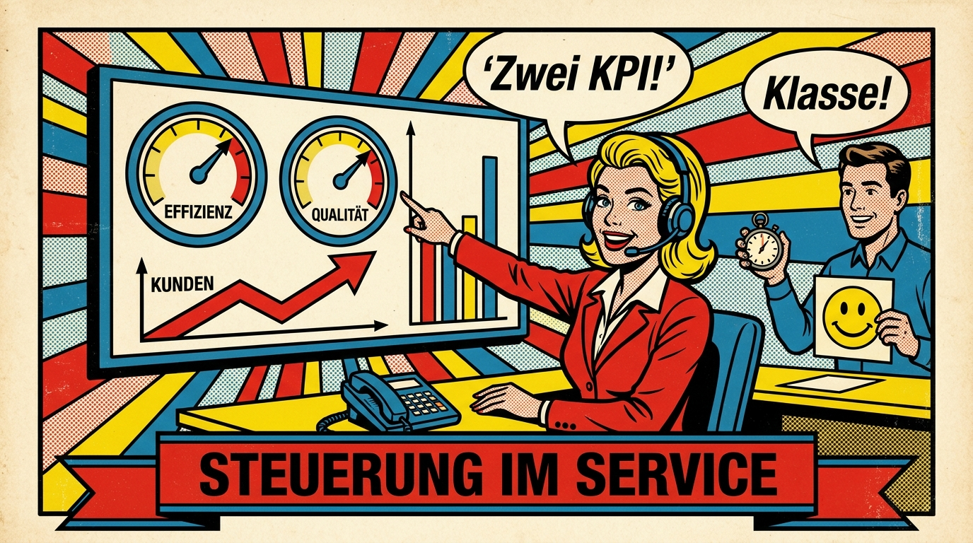 Pop-Art-Comic: Servicemitarbeiter mit Headset zeigt auf ein Kennzahlen-Cockpit im Customer Service Center