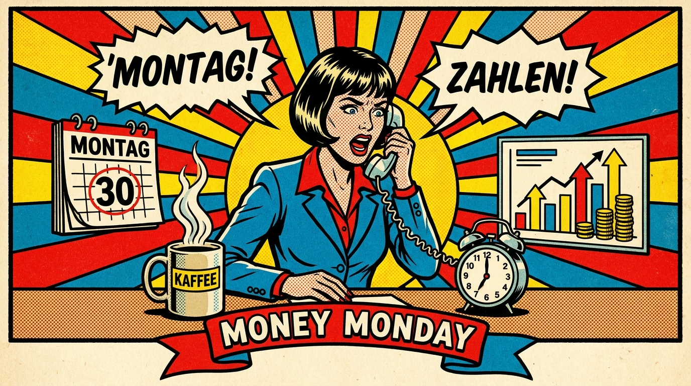 Pop-Art-Comic: Frau startet den Montagmorgen mit Kaffee und Kennzahlen-Dashboard