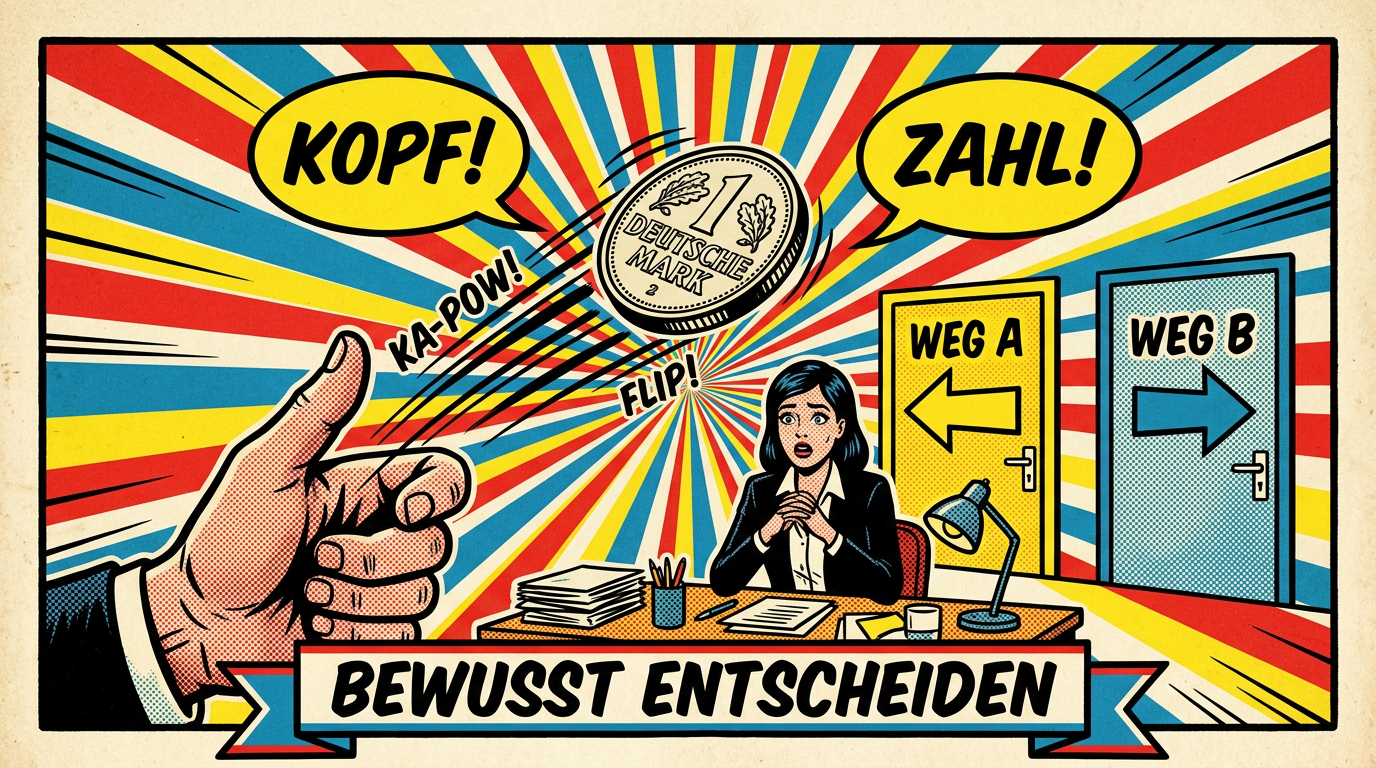 Pop-Art-Comic: Hand wirft eine Münze in die Luft als Symbol für bewusste Entscheidungen