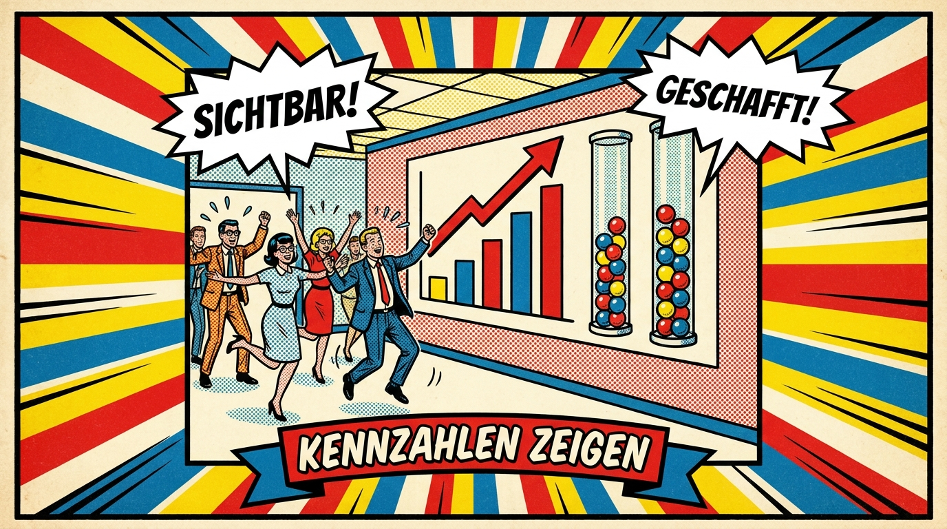 Pop-Art-Comic: Team feiert vor einer großen Kennzahlen-Wand mit Balkendiagrammen