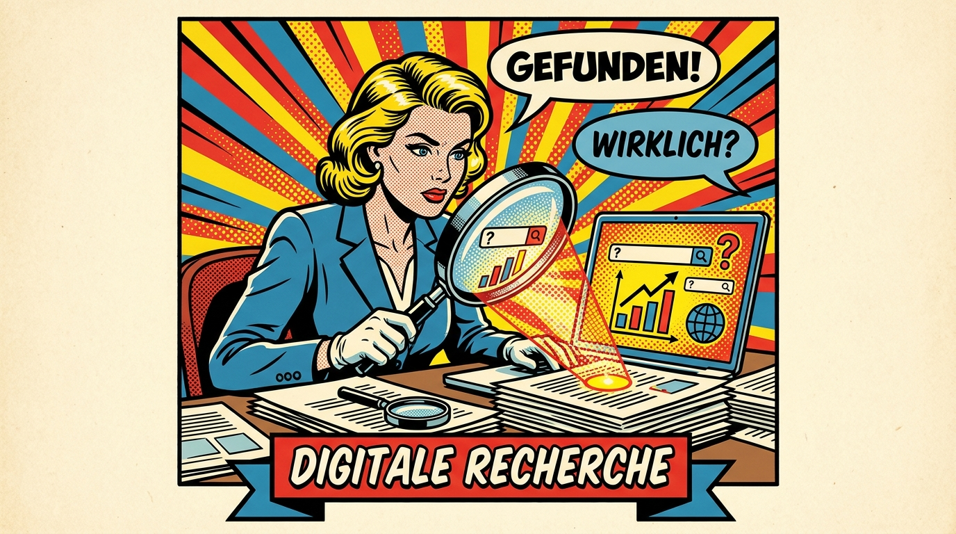 Pop-Art-Comic: Controllerin mit Lupe recherchiert digitale Informationen am Laptop