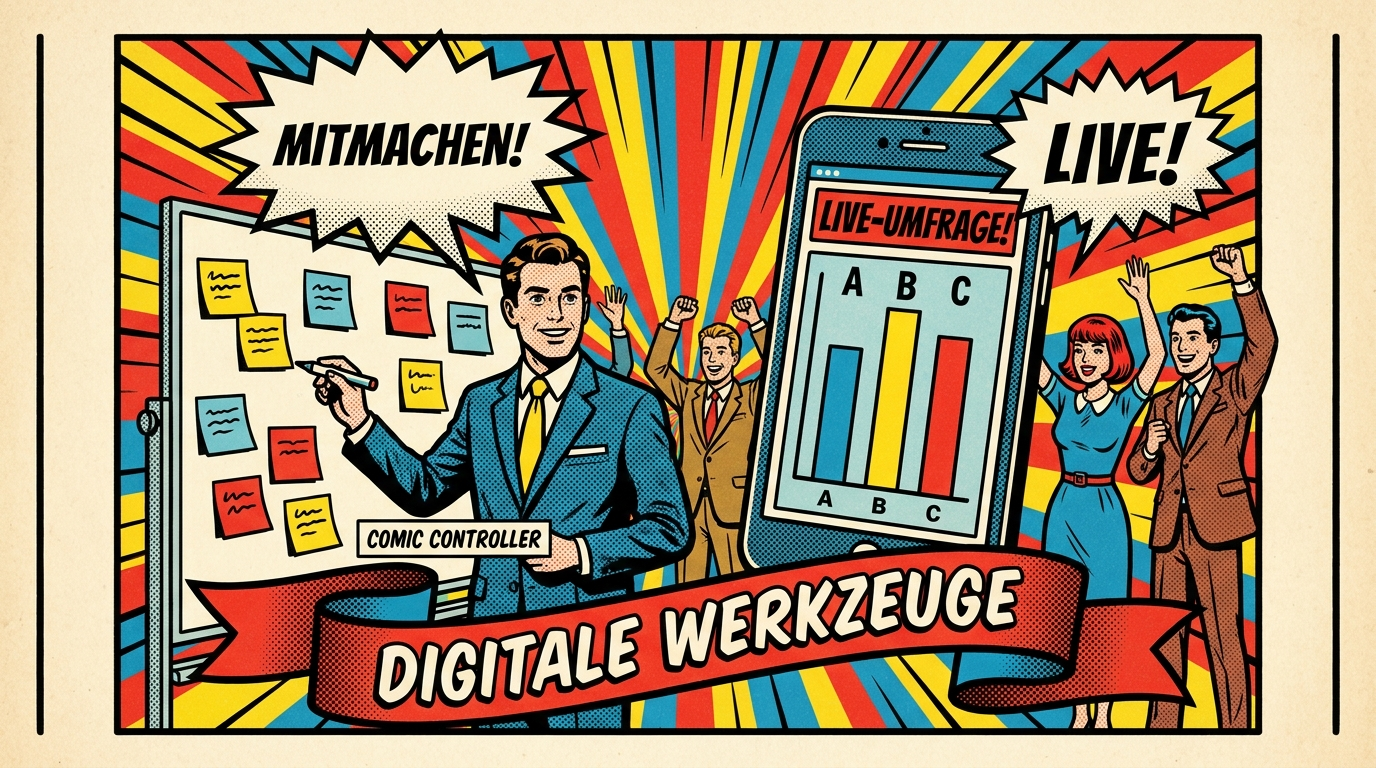 Pop-Art-Comic: Controller am Whiteboard mit Haftnotizen und Live-Umfrage auf dem Smartphone