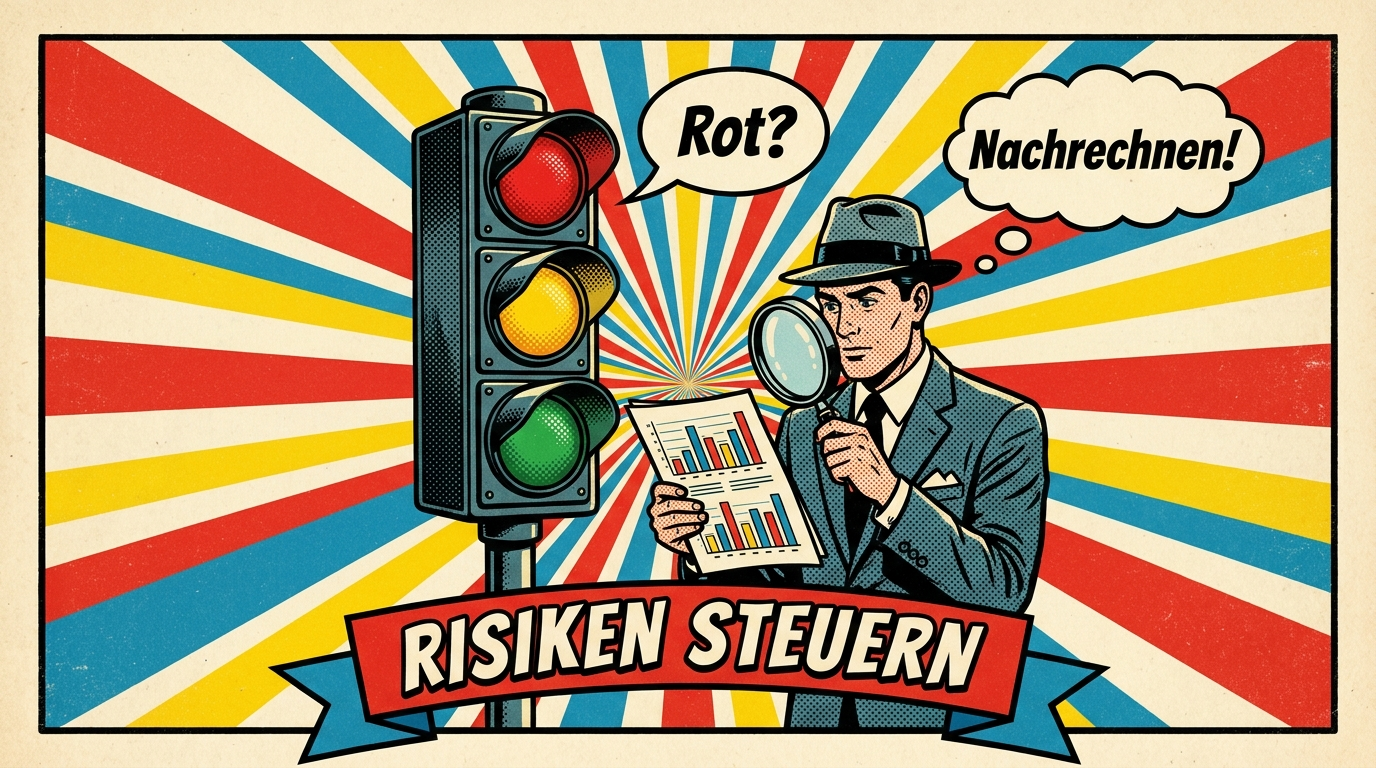 Pop-Art-Comic: Große Ampel neben Manager mit Bericht und Lupe – Risikokennzahlen prüfen