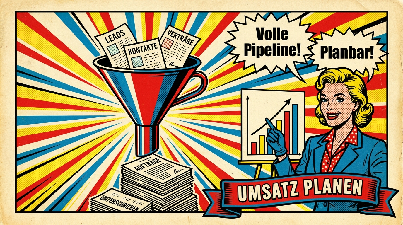Pop-Art-Comic: Vertriebstrichter mit Anfragen oben und Aufträgen unten – Umsatzplanung