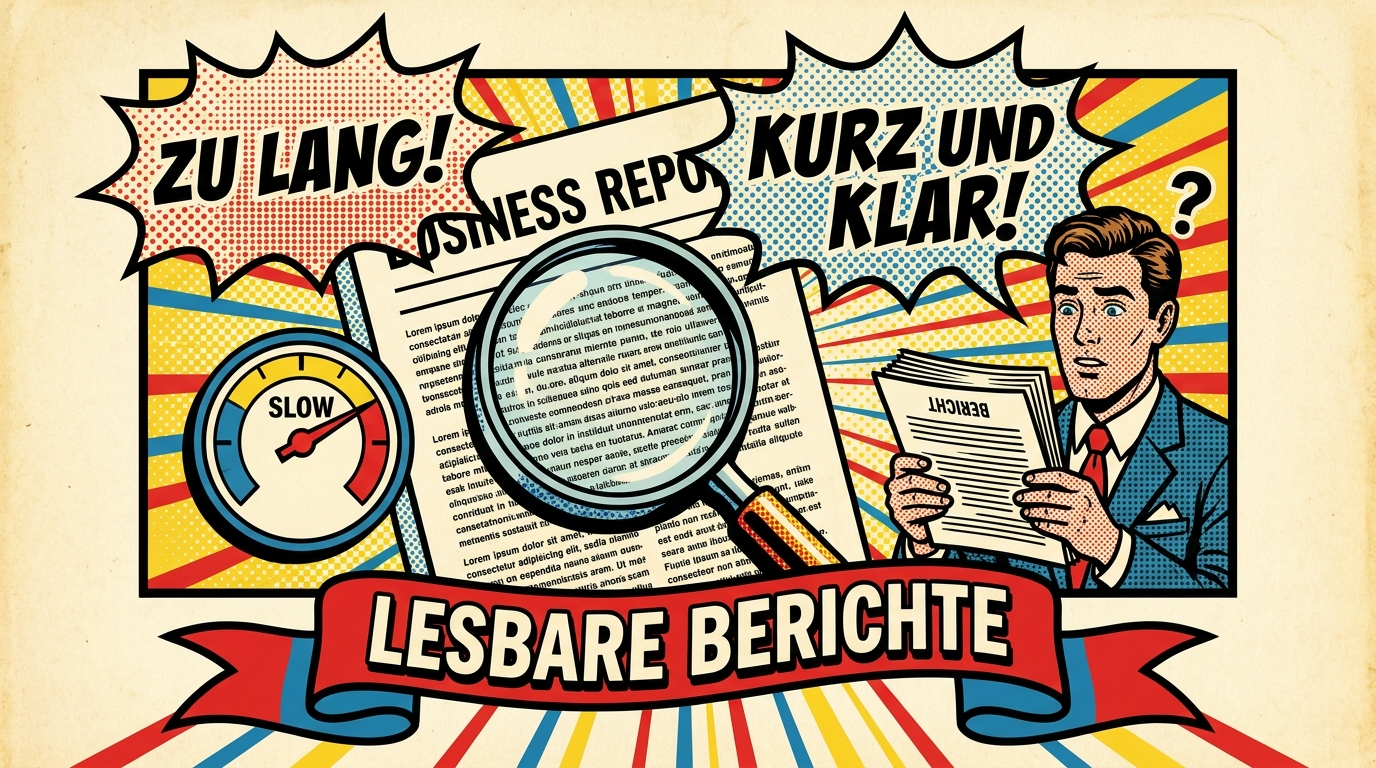 Pop-Art-Comic: Lupe prüft einen Berichtstext auf Lesbarkeit