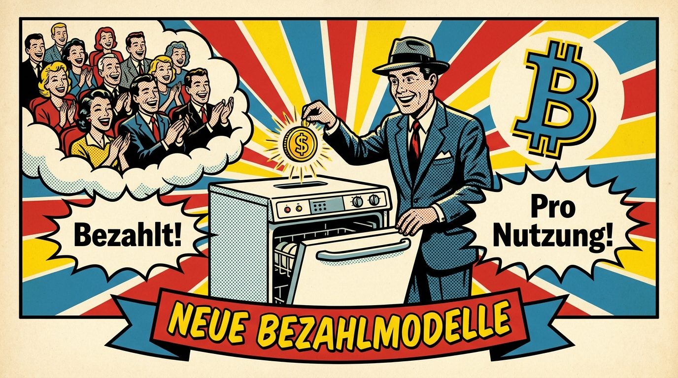 Pop-Art-Comic: Mann bezahlt einen Spülgang, Publikum lacht, Bitcoin-Symbol – neue Bezahlmodelle