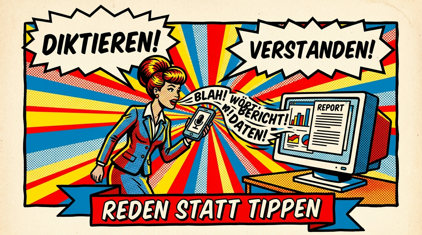 Pop-Art-Comic: Controllerin diktiert einen Bericht ins Smartphone, Symbolbild fuer diktierte statt getippte Berichtstexte
