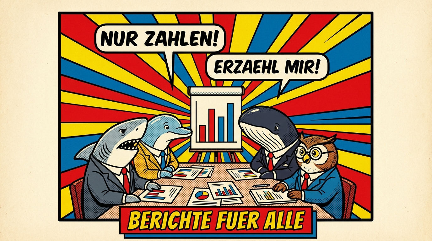 Pop-Art-Comic: Hai, Delphin, Wal und Eule im Business-Outfit am Besprechungstisch, Symbolbild fuer adressatengerechte Berichte
