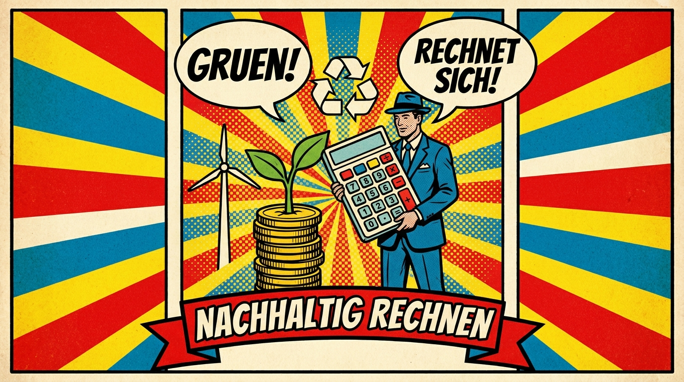 Pop-Art-Comic: Controller mit Taschenrechner neben Pflanze auf Muenzstapel, Symbolbild fuer Nachhaltigkeitscontrolling