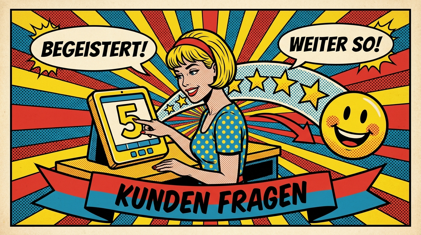Pop-Art-Comic: Kundin bewertet den Service an einem Tablet-Terminal, Symbolbild fuer Kundenzufriedenheit und Net Promoter Score