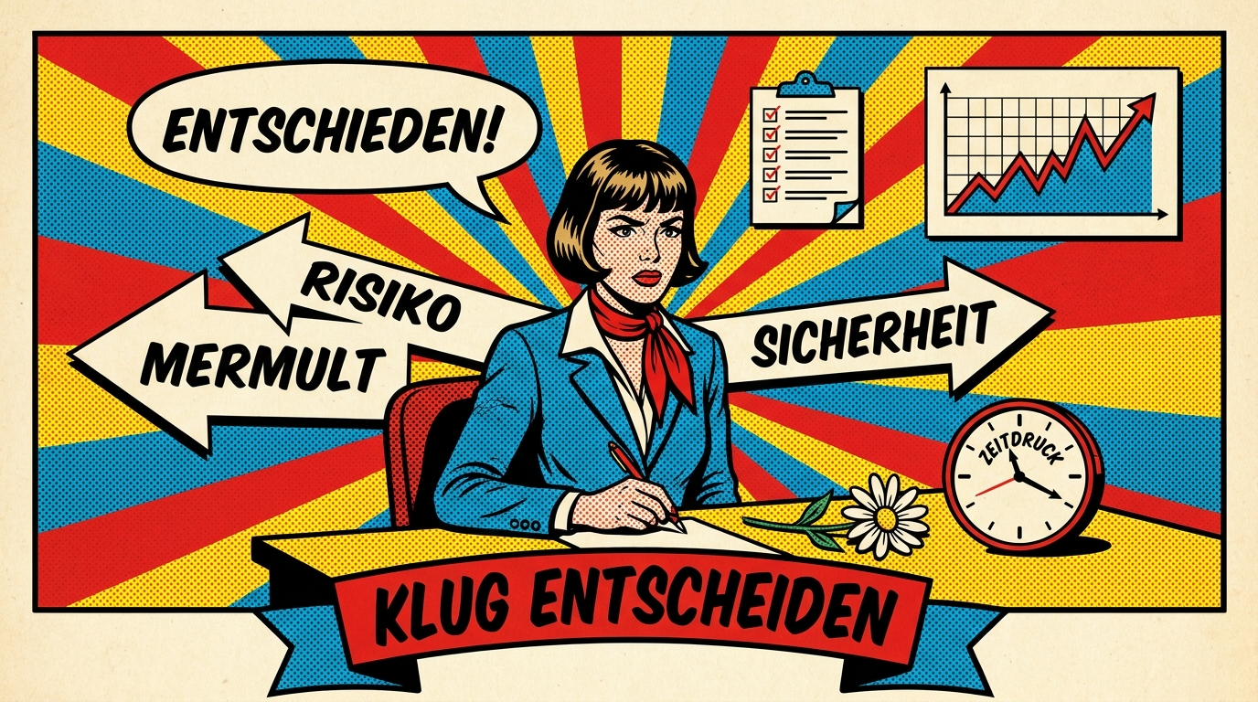 Pop-Art-Comic: Frau am Schreibtisch entscheidet zwischen zwei Wegen mit Checkliste und Chart
