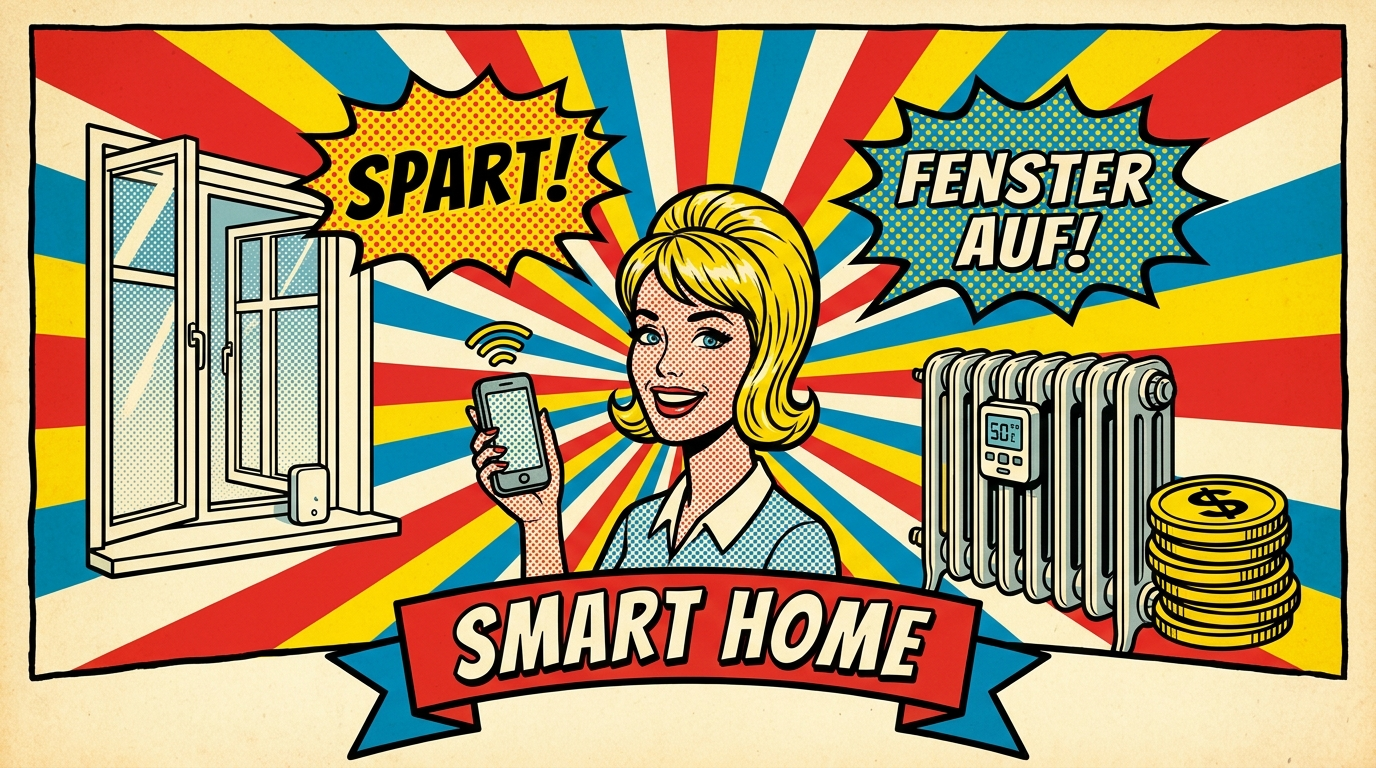 Pop-Art-Comic: Smart-Home-Thermostat am Heizkoerper, offenes Fenster und Frau mit Smartphone spart Kosten
