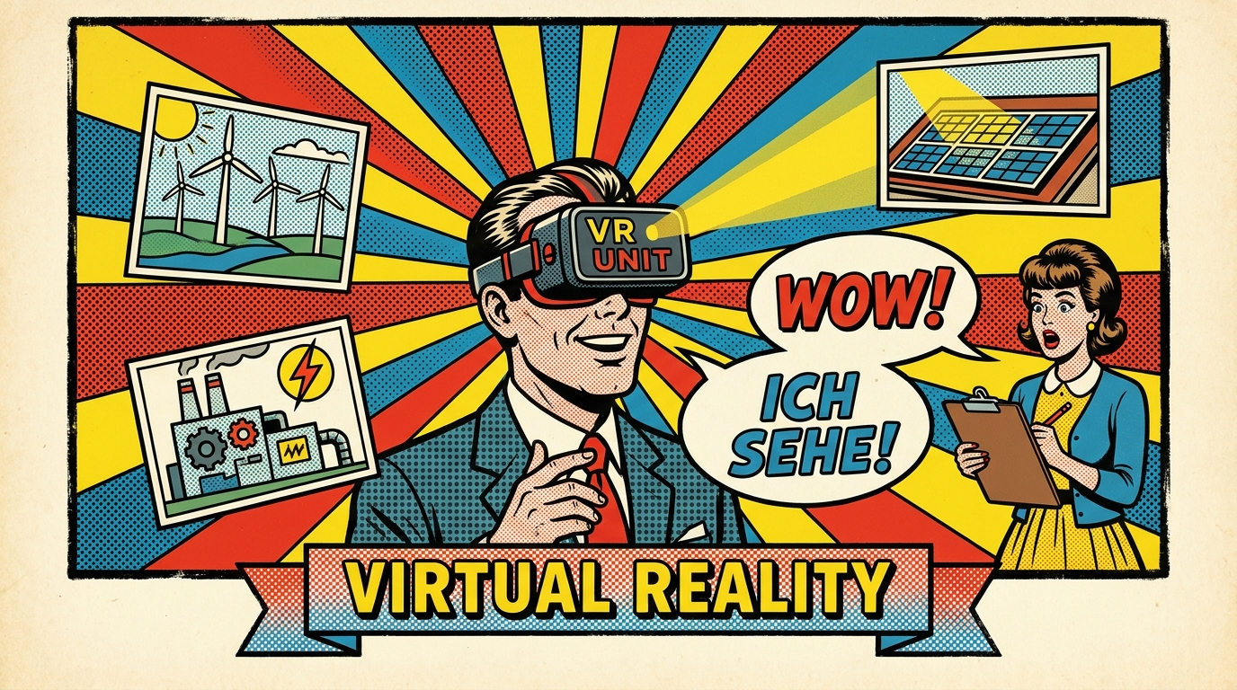 Pop-Art-Comic: Mann mit VR-Brille sieht Windraeder und Maschinen, Kollegin staunt