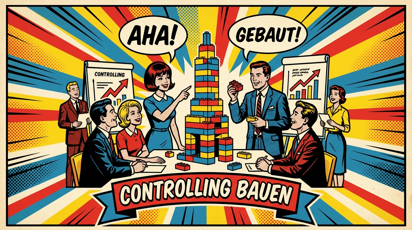 Pop-Art-Comic: Team baut im Workshop ein Modell aus Bausteinen fuer das Controlling
