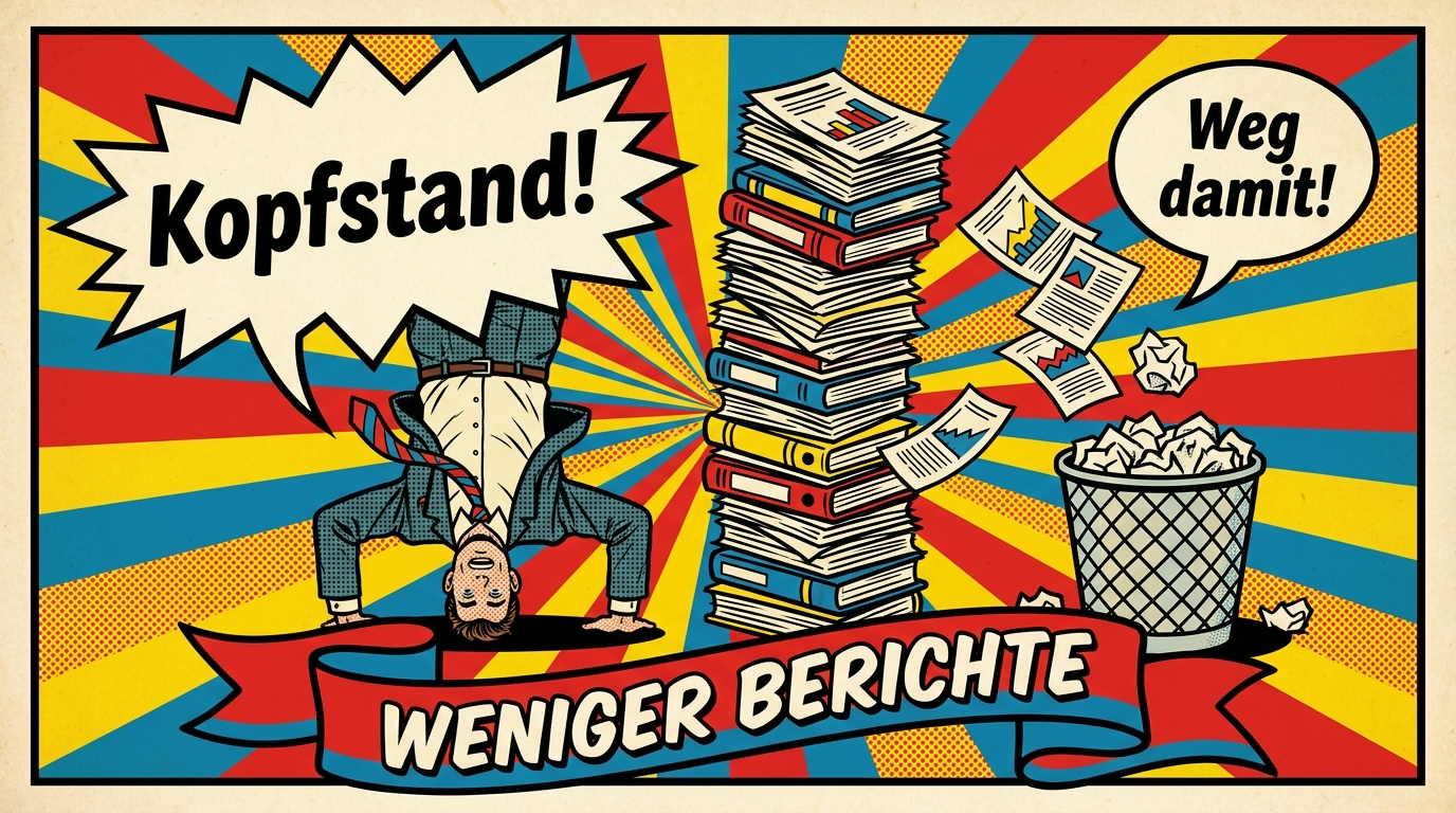 Pop-Art-Comic: Person macht einen Kopfstand neben einem Stapel Berichte, Blätter fliegen in den Papierkorb