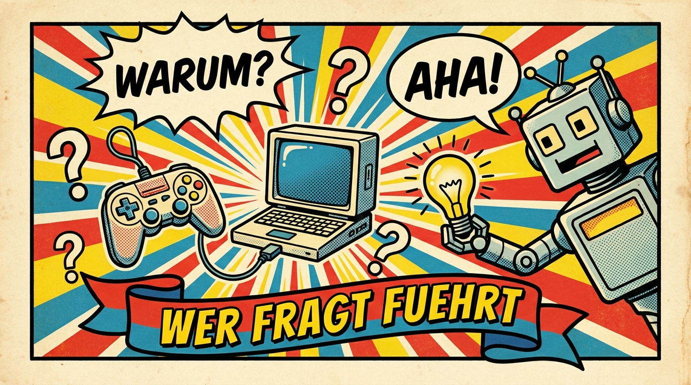 Pop-Art-Comic: Controller am Laptop zwischen großen Fragezeichen, ein Roboter reicht eine Glühbirne