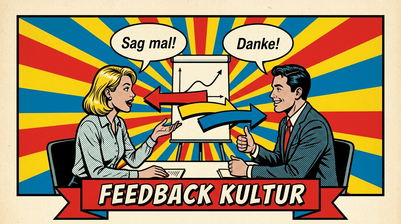 Pop-Art-Comic: Zwei Kolleginnen im Feedback-Gespräch mit Pfeilen zwischen ihnen