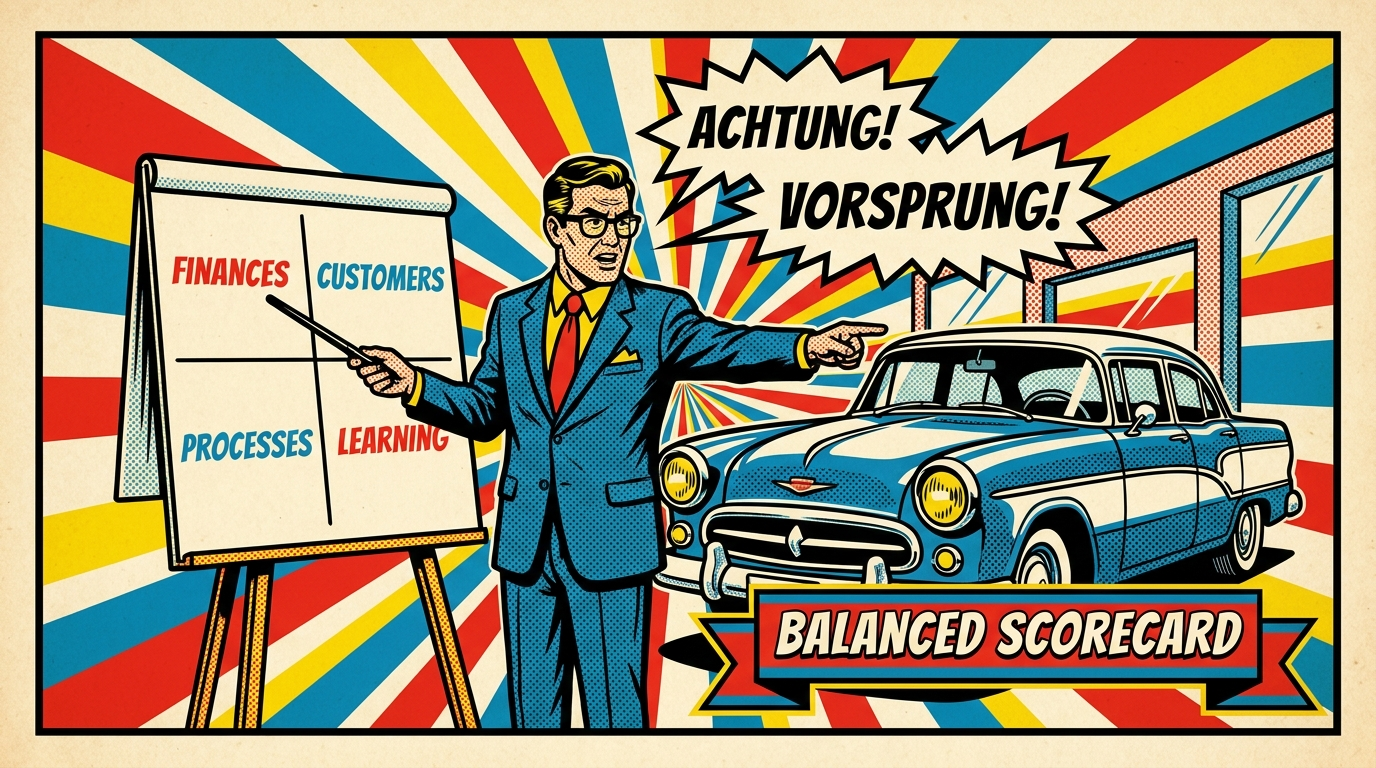 Pop-Art-Comic: Manager im Autohaus zeigt auf eine Balanced Scorecard neben einem Armaturenbrett