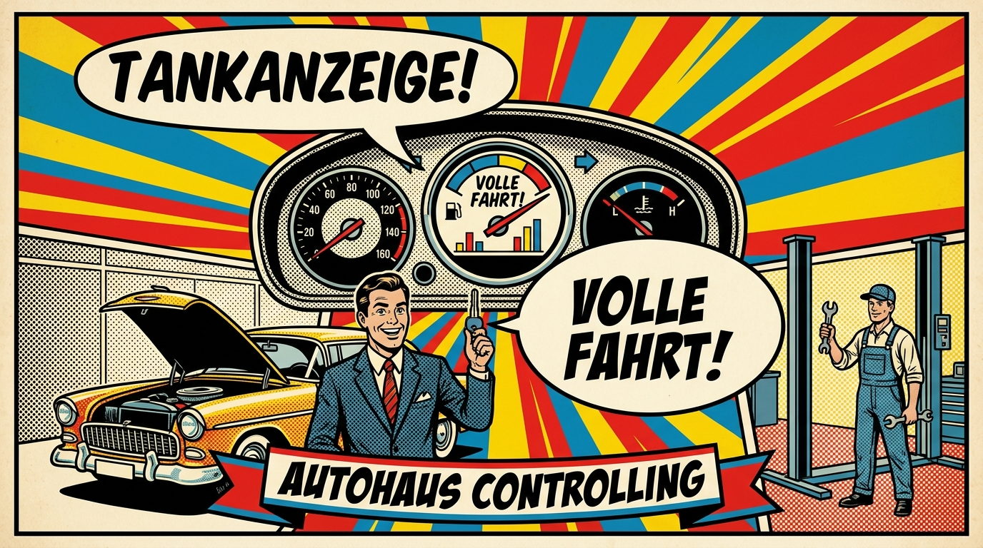 Pop-Art-Comic: großes Auto-Armaturenbrett mit Rundinstrumenten, Verkäufer mit Schlüssel und Mechaniker als Sinnbild für Kennzahlen im Autohaus-Controlling