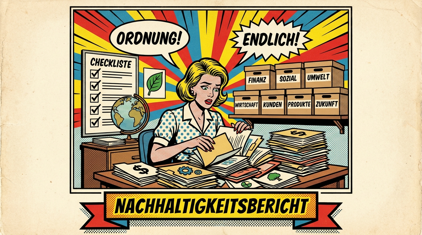 Pop-Art-Comic: Frau sortiert Aktenstapel in beschriftete Boxen, Checkliste und Weltkugel im Hintergrund als Sinnbild für strukturierte Nachhaltigkeitsberichterstattung