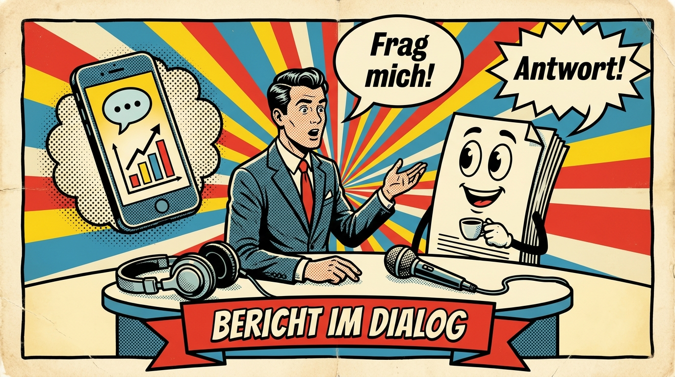 Pop-Art-Comic: Manager im Gespräch mit einem sprechenden Controlling-Bericht, daneben Smartphone mit Chat-Blase und Balkendiagramm