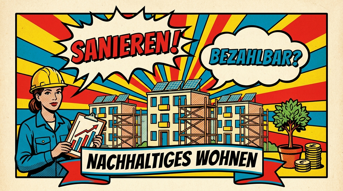 Pop-Art-Comic: sanierte Wohnhäuser mit Solardach, Bauleiterin mit Diagramm, Baum und Münzstapel als Sinnbild für nachhaltiges und bezahlbares Wohnen