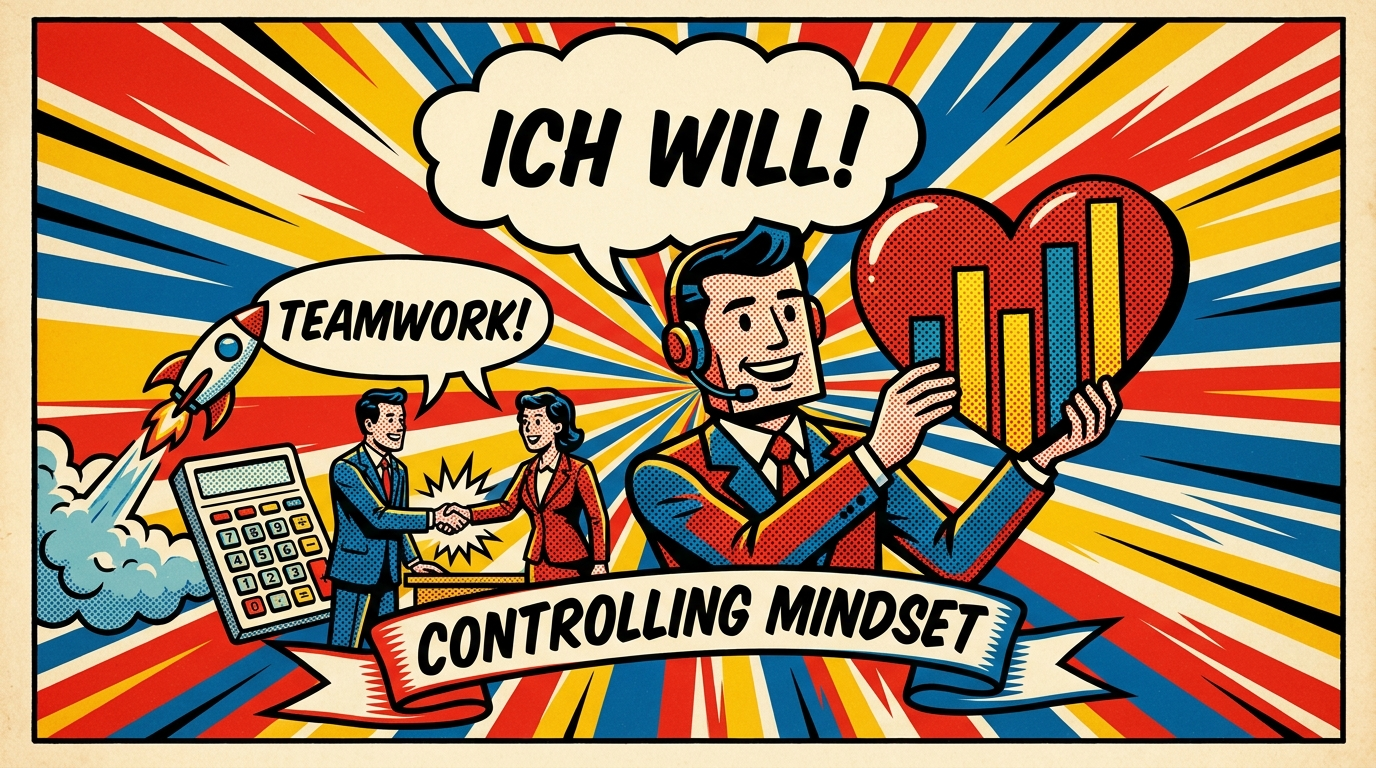 Pop-Art-Comic: begeisterter Controller mit herzförmigem Diagramm und Kollegen beim Handschlag