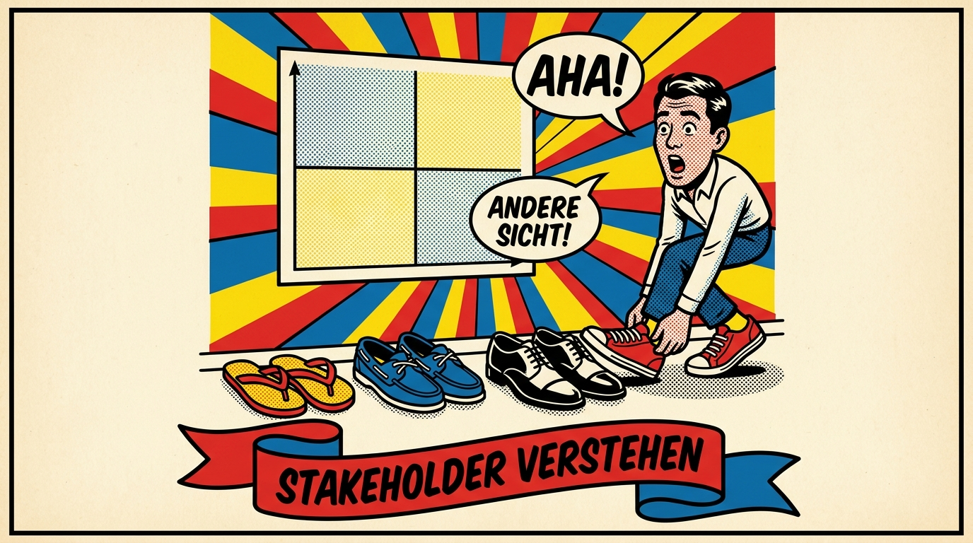 Pop-Art-Comic: verschiedene Schuhe nebeneinander vor einer Vier-Felder-Matrix als Sinnbild für Stakeholder-Perspektiven