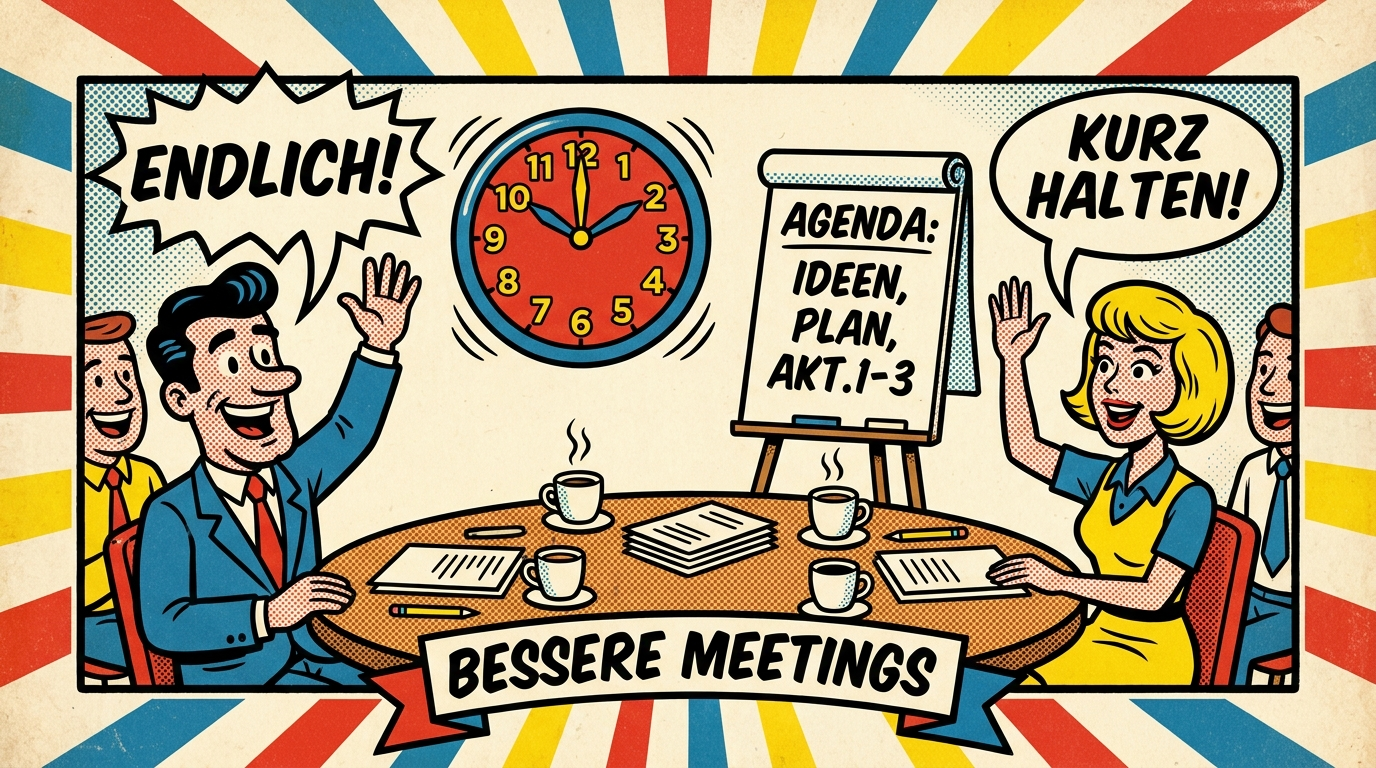 Pop-Art-Comic: fröhliche Besprechungsrunde mit großer Uhr und kurzer Agenda