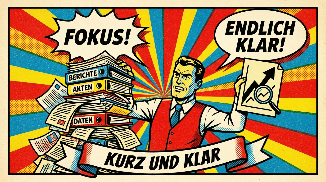 Pop-Art-Comic: Controller schiebt Berichtsstapel weg und zeigt eine einzige klare Auswertung