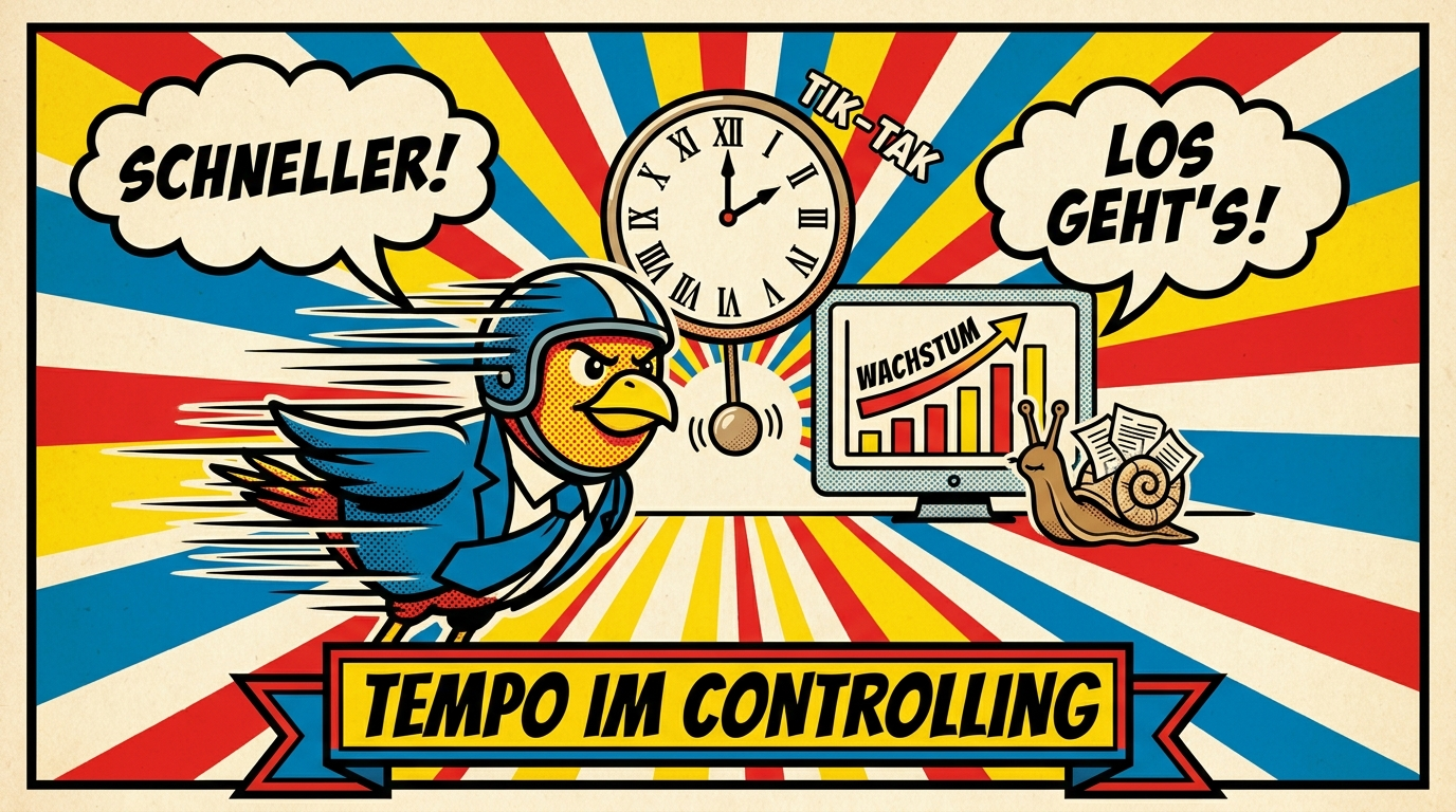 Pop-Art-Comic: Vogel mit Krawatte rennt an einer großen Uhr vorbei, Symbol für Tempo im Controlling