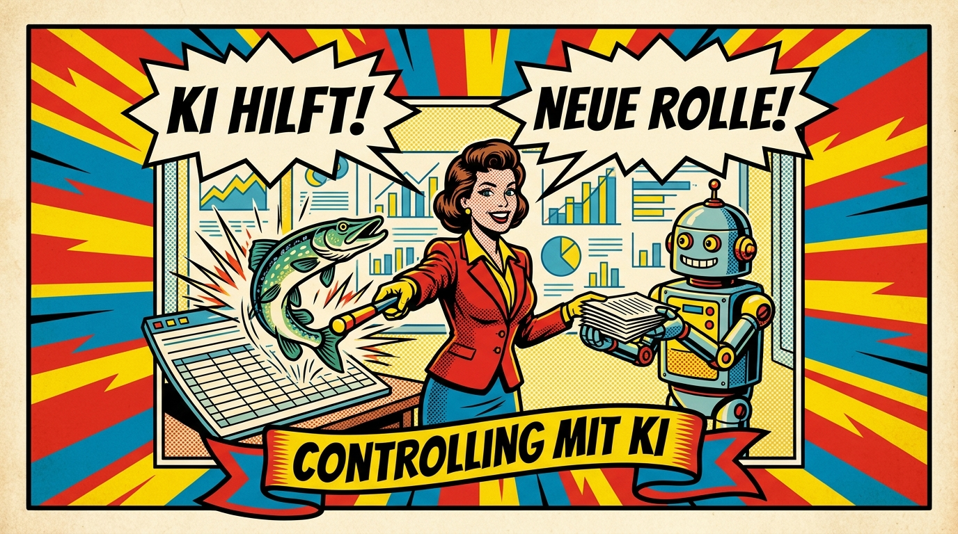 Pop-Art-Comic: Controllerin übergibt Routineaufgaben an einen Roboter und übernimmt die Steuerung