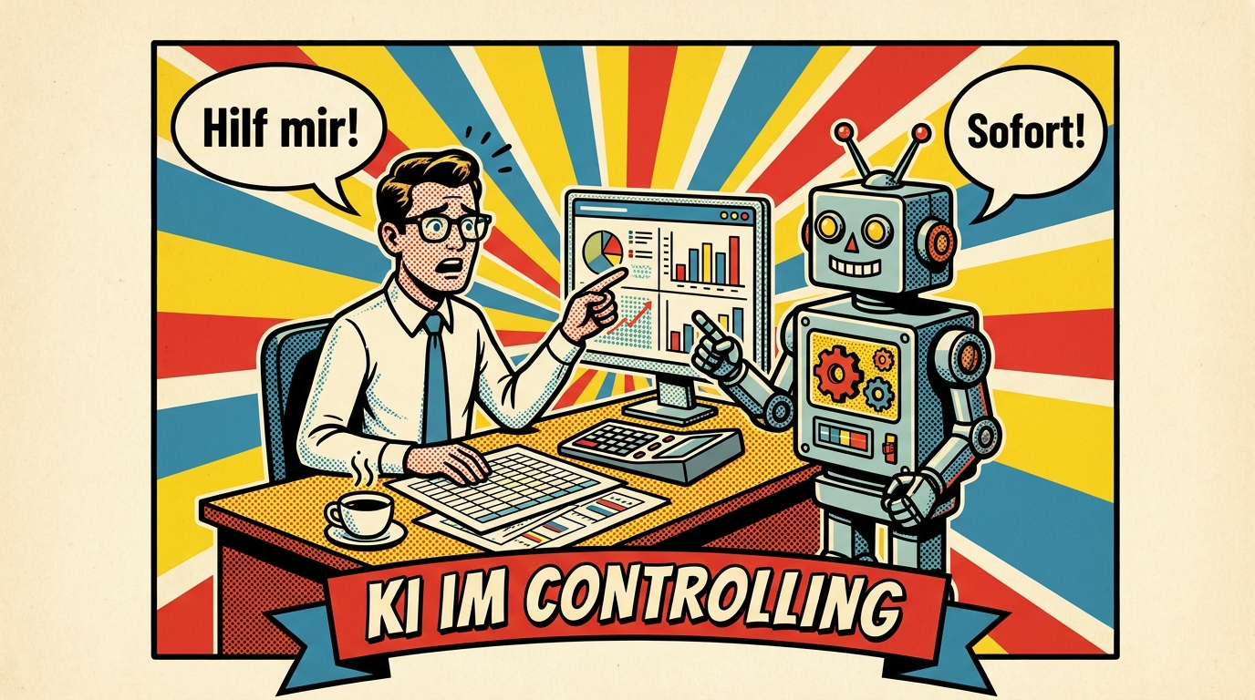 Pop-Art-Comic: Controller am Schreibtisch mit Roboter-Kollege vor einem Dashboard