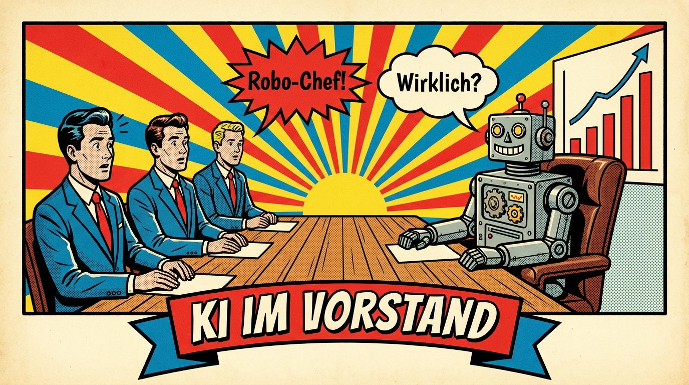 Pop-Art-Comic: Roboter im Anzug sitzt mit Vorstandsmitgliedern am Konferenztisch