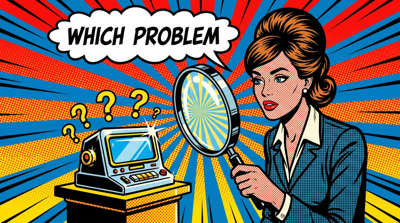 Pop-Art-Comic: Lupe über einem Gerät, skeptische Betrachterin, Fragezeichen, Sprechblase „WHICH PROBLEM“