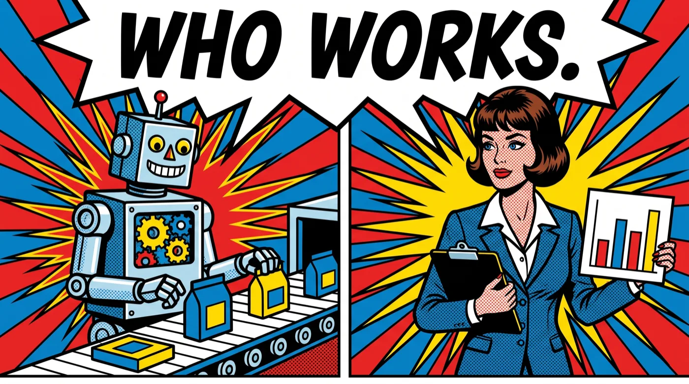 Pop-Art-Comic: Roboter am Fließband, daneben eine Controllerin mit Klemmbrett und Balkendiagramm, Sprechblase „WHO WORKS“